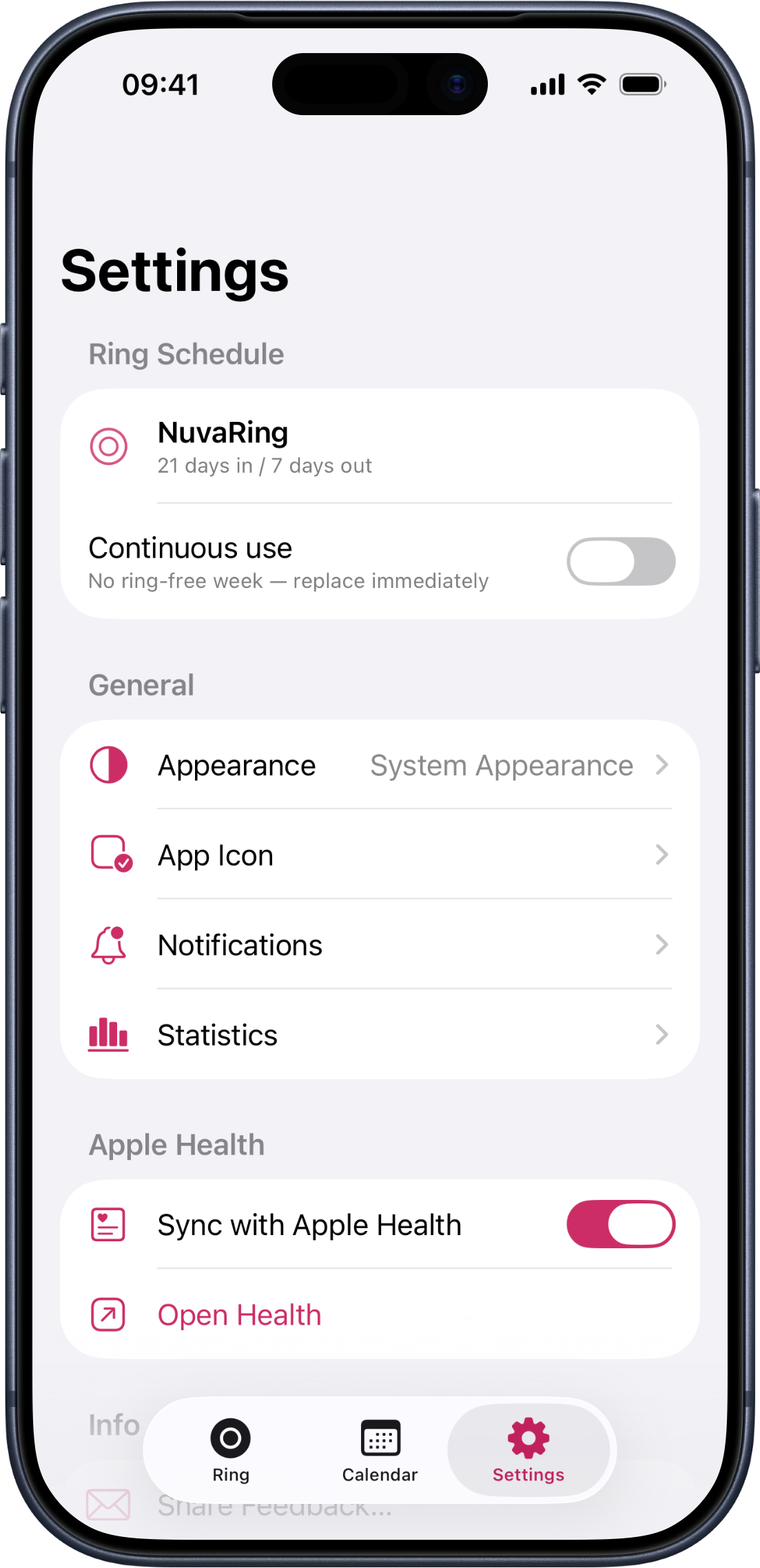 Framed iPhone showing RingDay’s settings with the Apple Health sync row and an Open Health link.