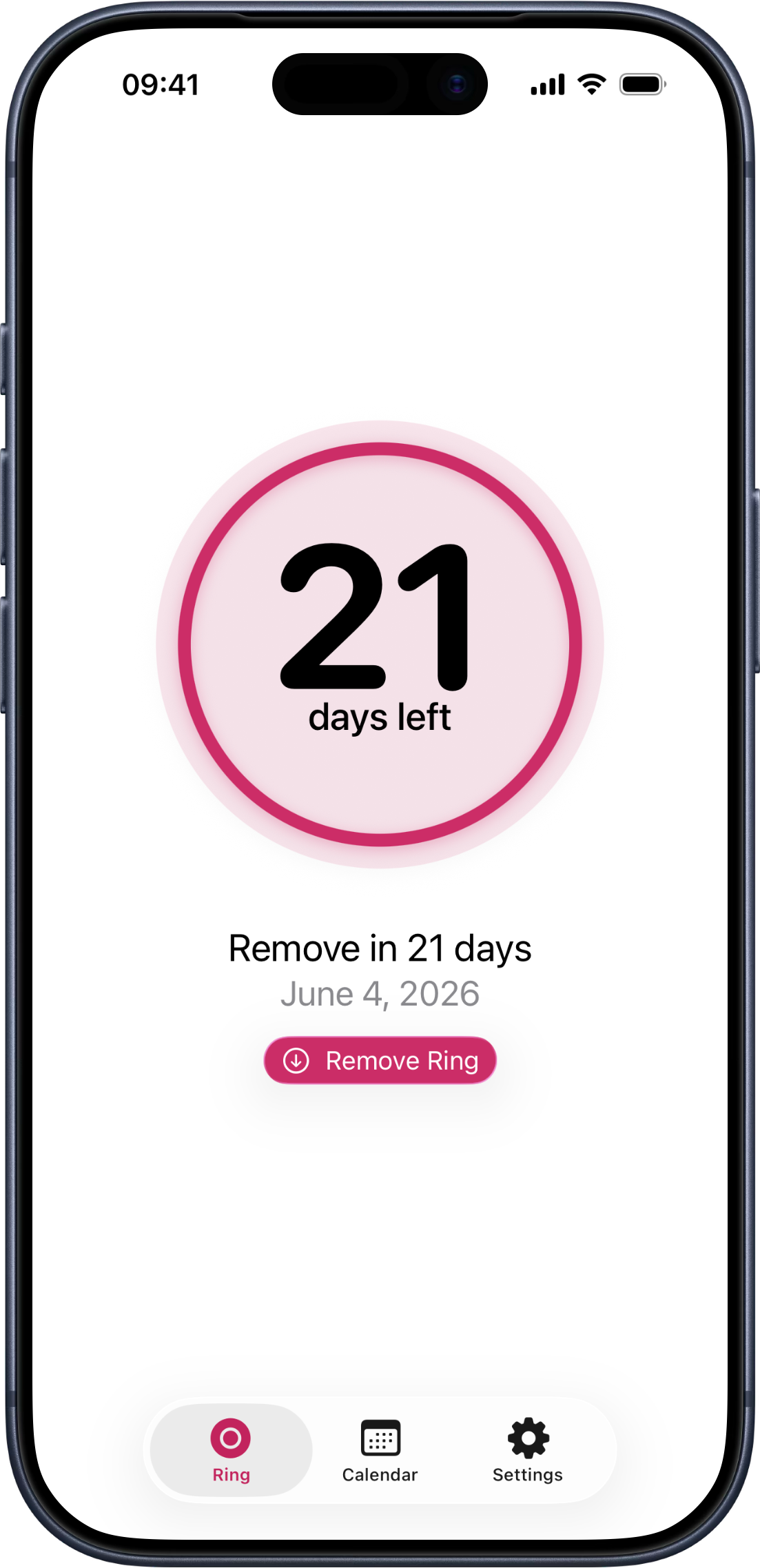 Framed iPhone showing RingDay’s ring-status screen. A countdown reads ‘21 days left’. Below it: ‘Remove in 21 days, June 4, 2026.’ A primary action reads ‘Remove Ring’.