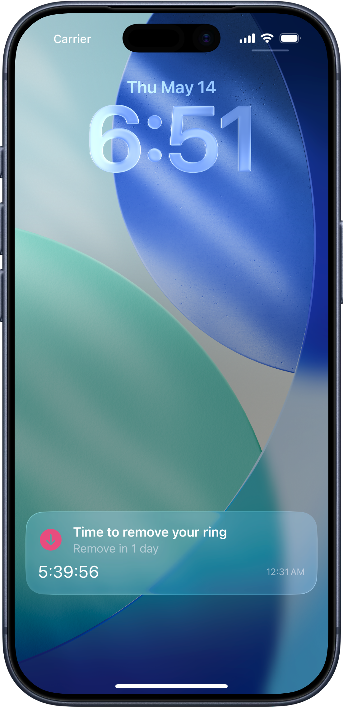 Framed iPhone Lock Screen showing RingDay’s Live Activity with a ring-status countdown.