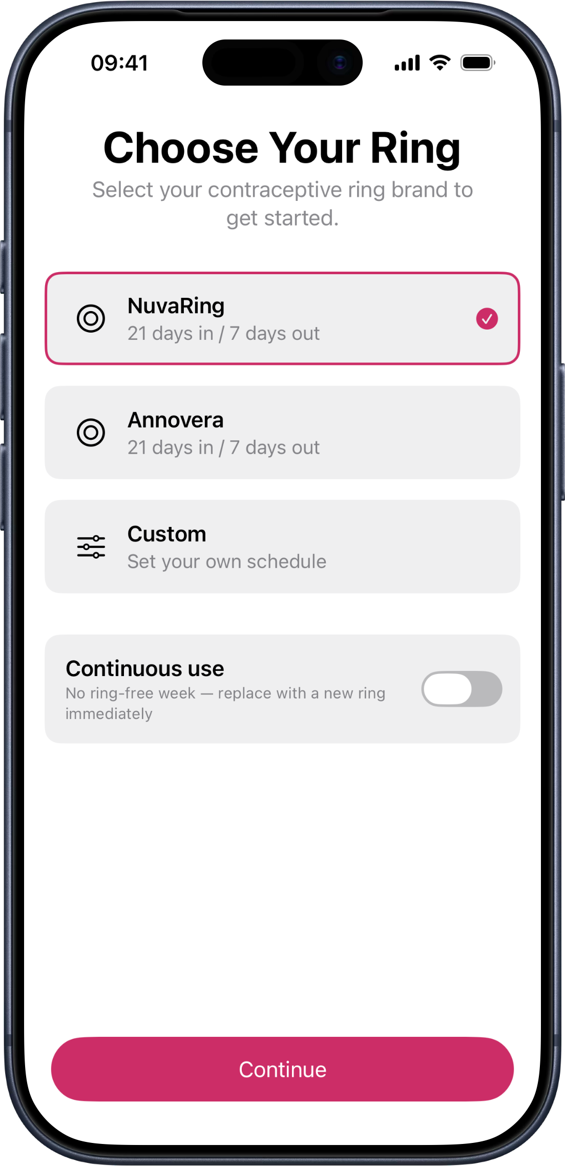 Onboarding screen titled 'Choose Your Ring'. The list shows NuvaRing selected, plus options for Annovera, a custom schedule, and continuous use.