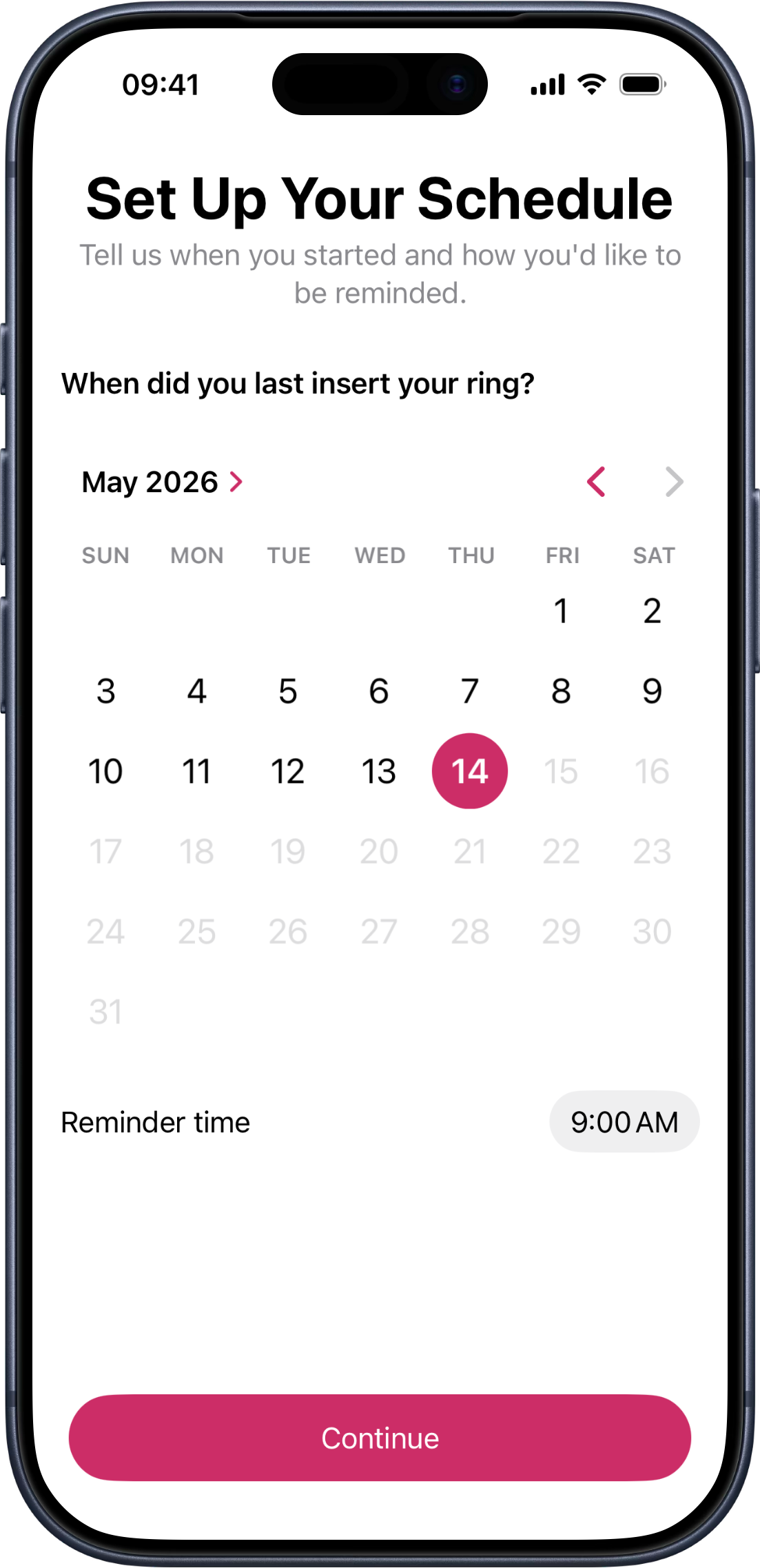Onboarding screen titled 'Set Up Your Schedule'. A calendar shows April 2026 with the 24th selected as the insertion date; the reminder time is set to 09:00.