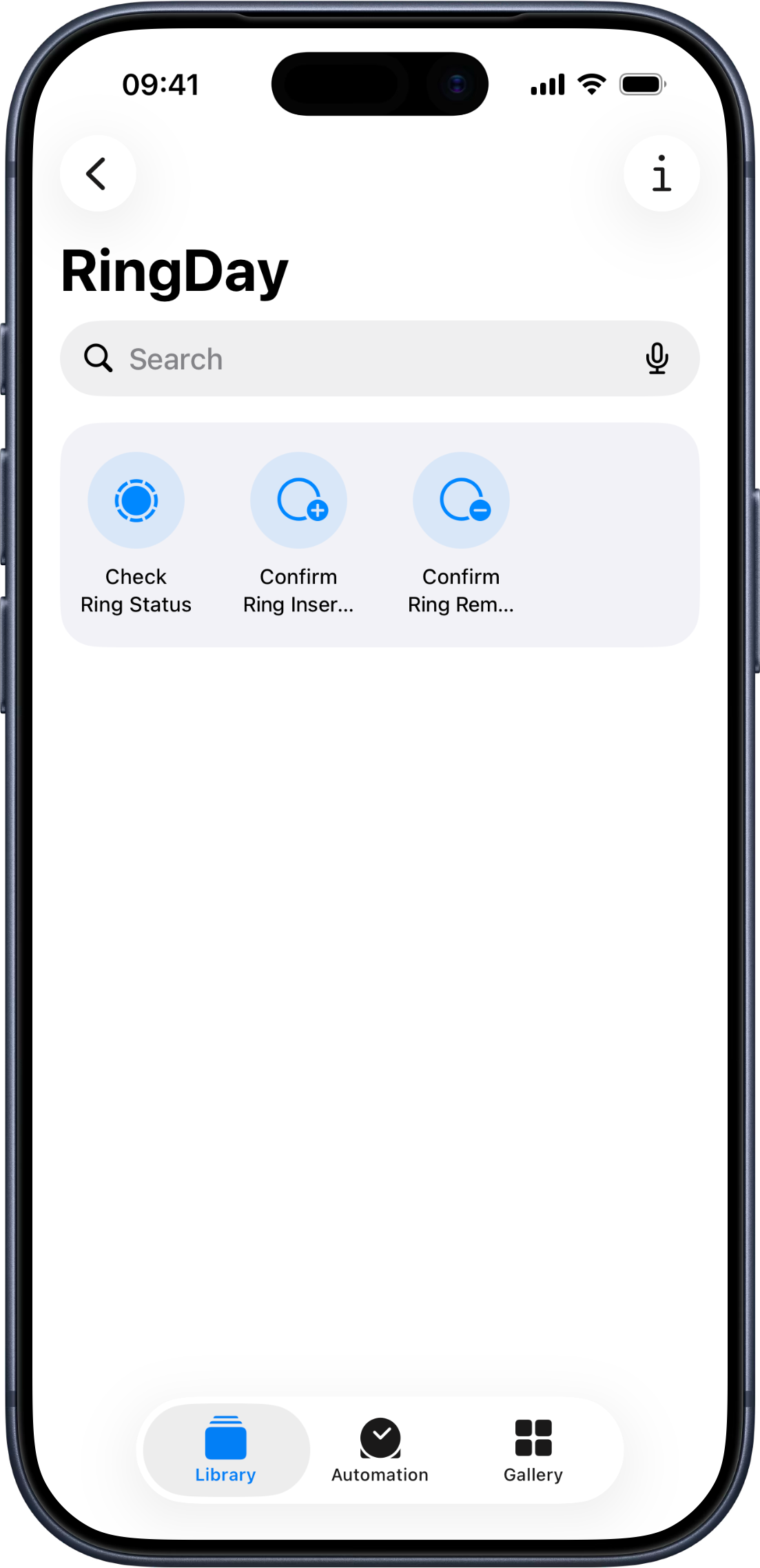 Framed iPhone showing the iOS Shortcuts app with RingDay’s App Shortcuts — Check Ring Status, Confirm Ring Insertion, and Confirm Ring Removal.