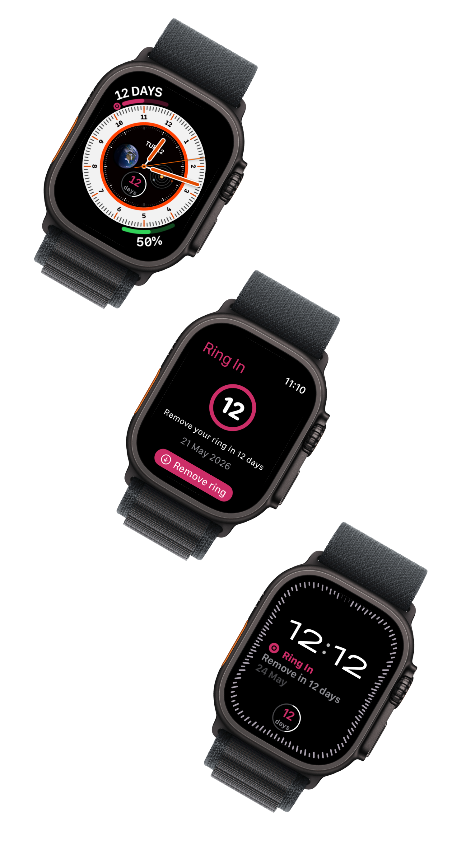 Three framed Apple Watches showing RingDay — an analog face with a countdown complication, the in-app Remove ring view, and a digital face with a rectangular ring-status complication.